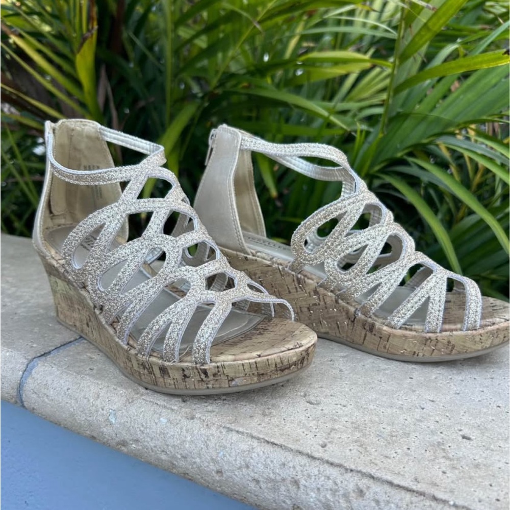 Girls' Silver Glitter Strappy Cork Wedge Sandals